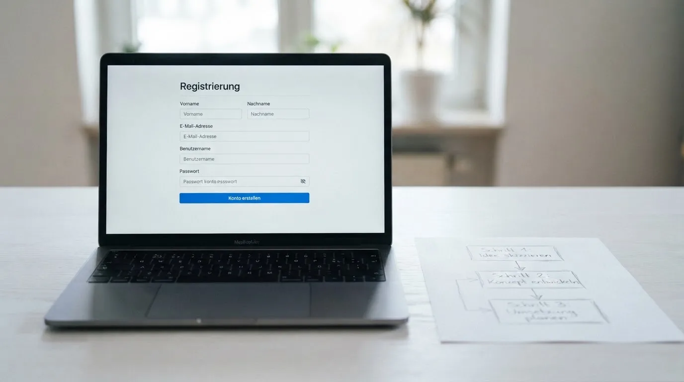 Nahaufnahme eines Laptop-Bildschirms mit einem Formular zur Kontoeroeffnung, daneben ein Blatt Papier mit einer handgezeichneten Ablaufskizze.