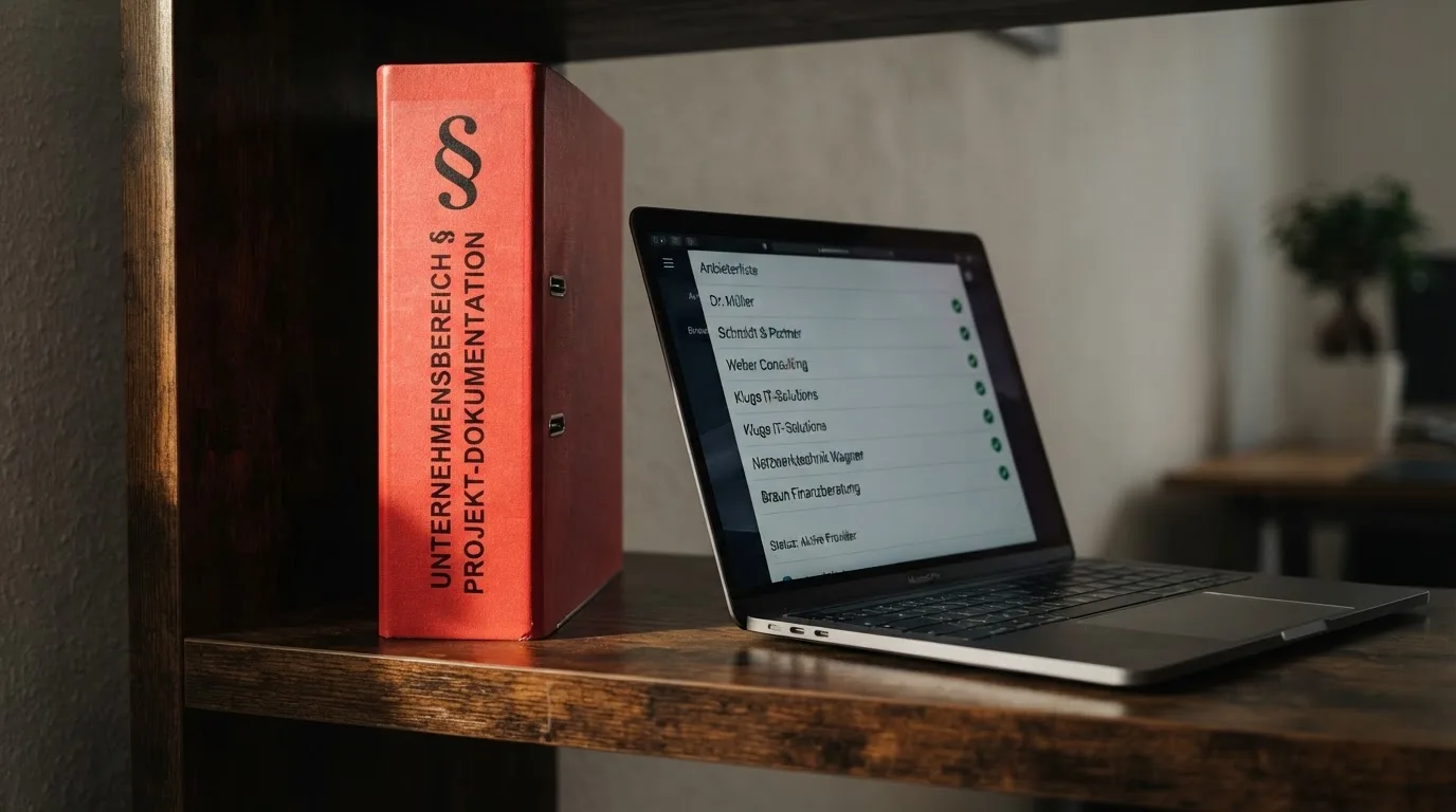Nahaufnahme eines Aktenordners mit Paragraphenzeichen auf dem Ruecken, daneben ein aufgeklapptes Notebook mit einer Uebersichtsliste lizenzierter Anbieter.