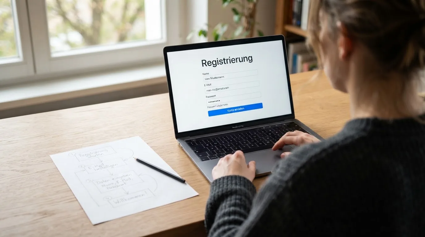Nahaufnahme eines Laptop-Bildschirms mit einem Formular zur Kontoeroeffnung, daneben ein Blatt Papier mit einer handgezeichneten Ablaufskizze.