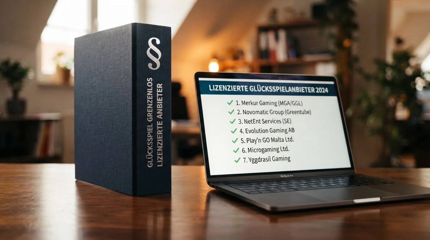 Nahaufnahme eines Aktenordners mit Paragraphenzeichen auf dem Ruecken, daneben ein aufgeklapptes Notebook mit einer Uebersichtsliste lizenzierter Anbieter.