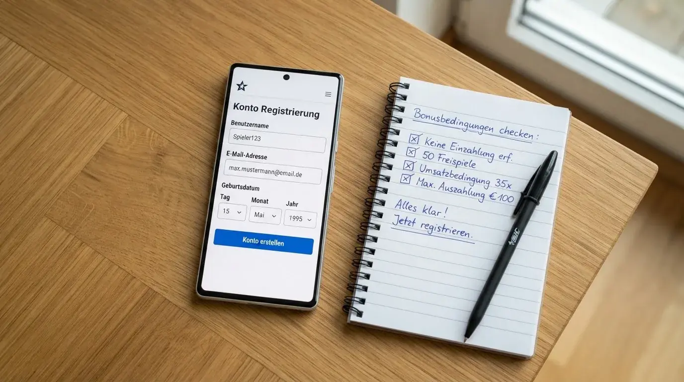 Draufsicht auf ein Smartphone mit einer geoeffneten Registrierungsmaske fuer ein Spielerkonto, daneben ein Notizblock mit handschriftlichen Bonusbedingungen.