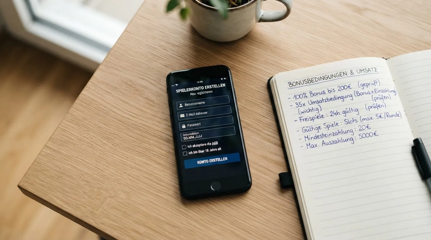 Draufsicht auf ein Smartphone mit einer geoeffneten Registrierungsmaske fuer ein Spielerkonto, daneben ein Notizblock mit handschriftlichen Bonusbedingungen.