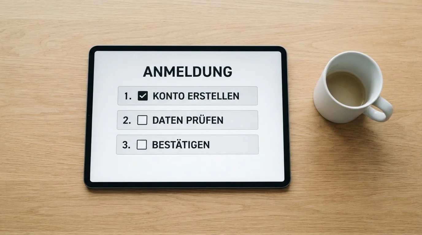 Schreibtisch mit einem Tablet, auf dem ein Schema mit nummerierten Schritten eines Anmeldevorgangs zu sehen ist, daneben ein Kaffeebecher.
