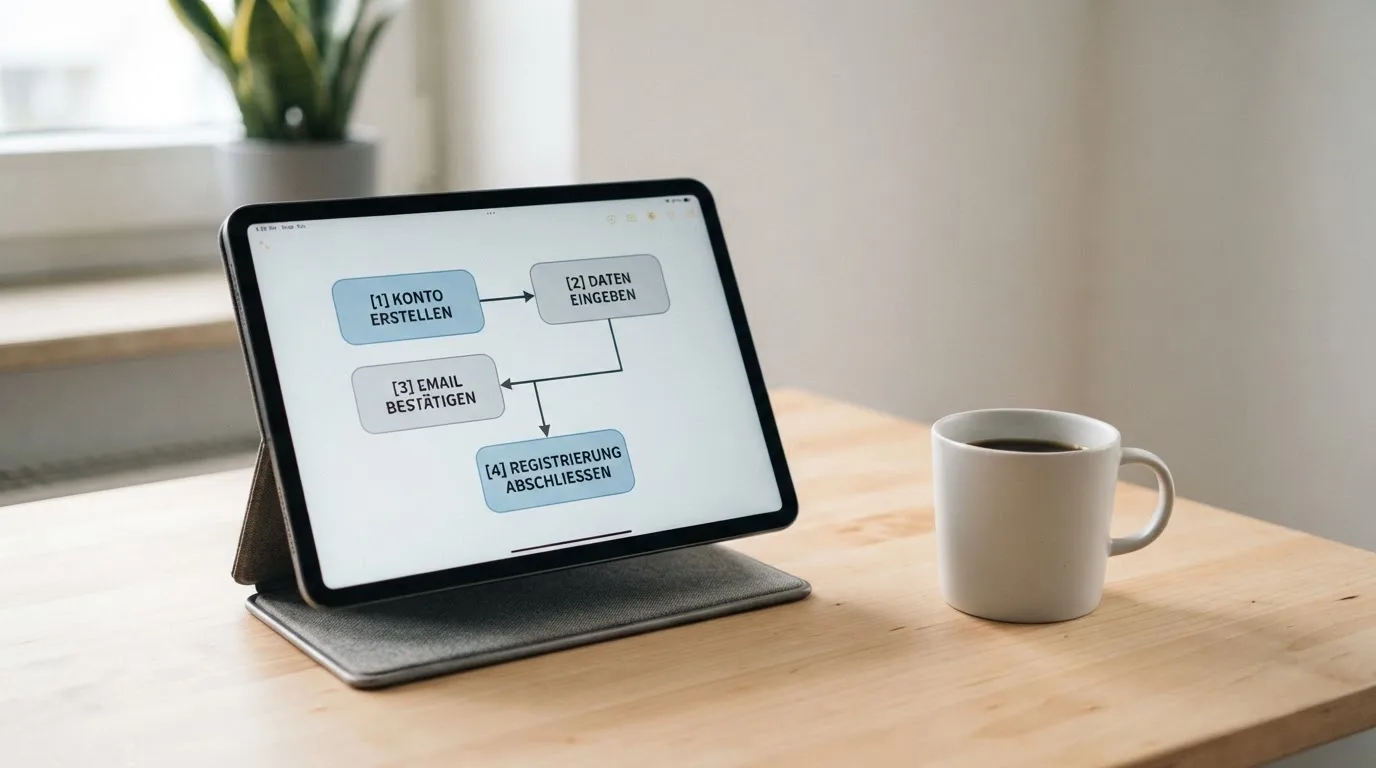 Schreibtisch mit einem Tablet, auf dem ein Schema mit nummerierten Schritten eines Anmeldevorgangs zu sehen ist, daneben ein Kaffeebecher.