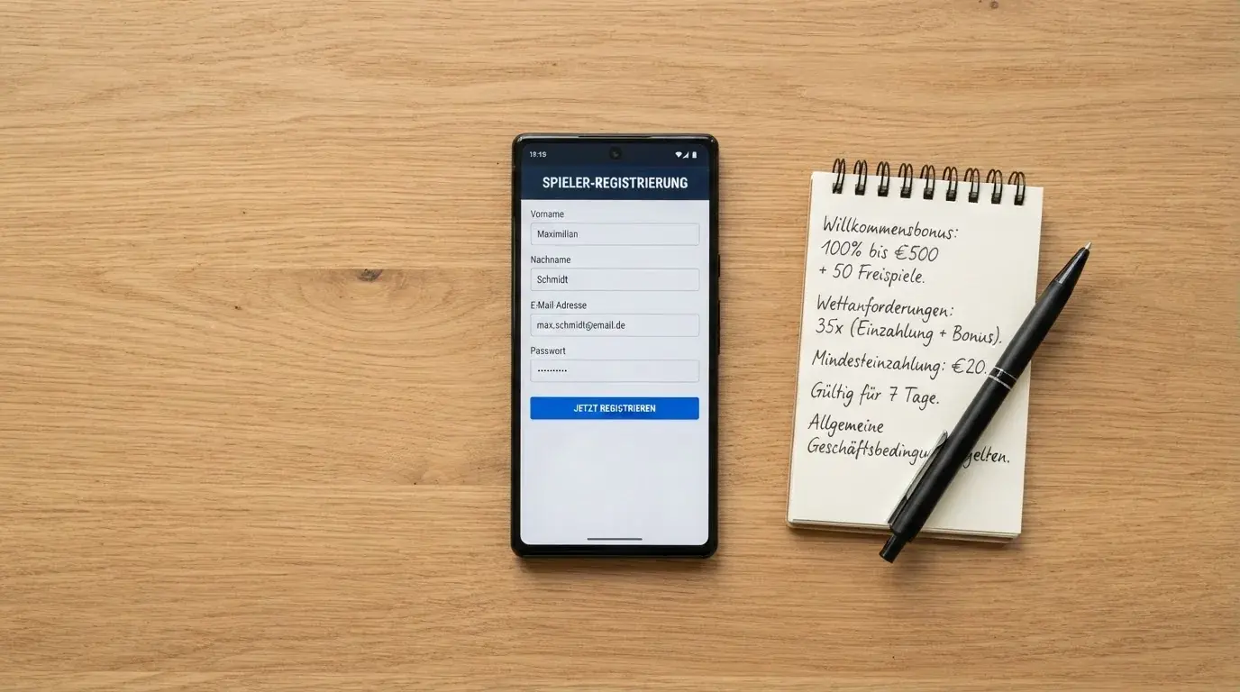 Draufsicht auf ein Smartphone mit einer geoeffneten Registrierungsmaske fuer ein Spielerkonto, daneben ein Notizblock mit handschriftlichen Bonusbedingungen.