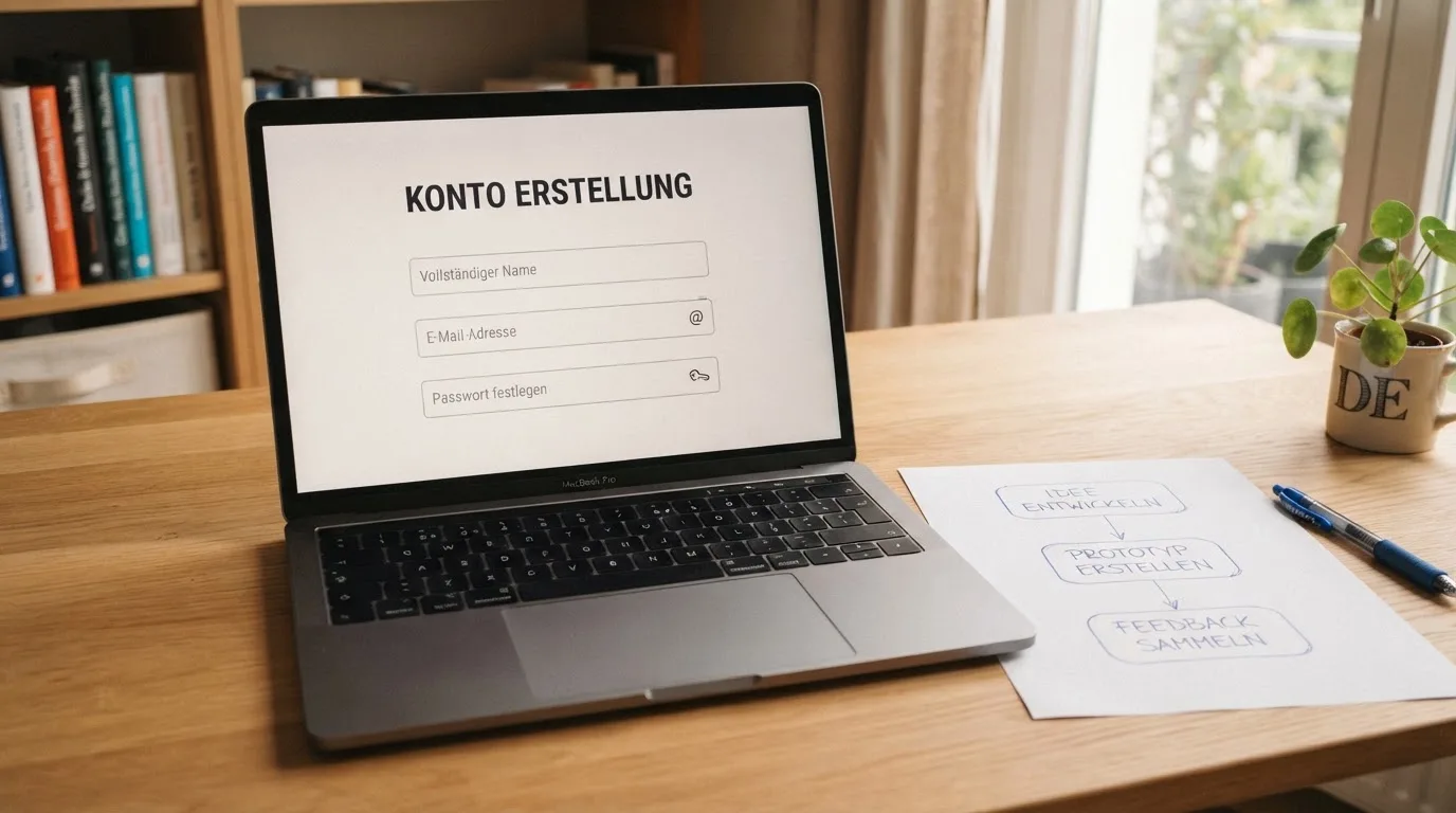 Nahaufnahme eines Laptop-Bildschirms mit einem Formular zur Kontoeroeffnung, daneben ein Blatt Papier mit einer handgezeichneten Ablaufskizze.