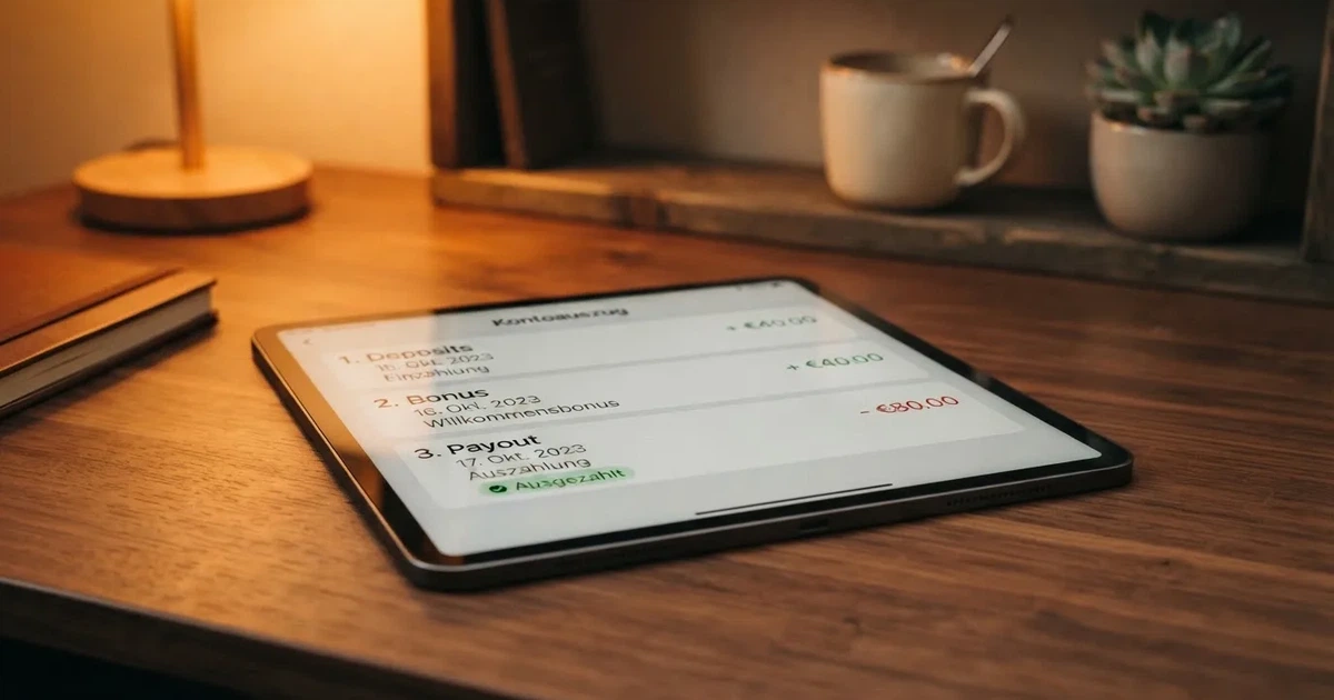 Nahaufnahme eines Tablet-Bildschirms mit einer Transaktionsliste, in der Einzahlung, Bonusgutschrift und Auszahlungsstatus untereinander aufgefuehrt sind.