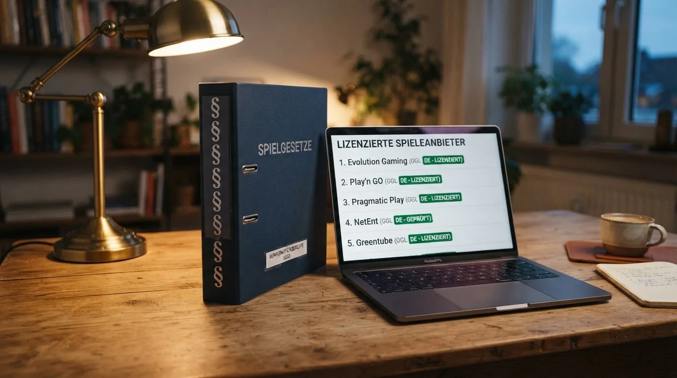 Nahaufnahme eines Aktenordners mit Paragraphenzeichen auf dem Ruecken, daneben ein aufgeklapptes Notebook mit einer Uebersichtsliste lizenzierter Anbieter.