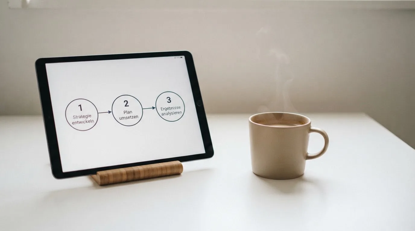 Schreibtisch mit einem Tablet, auf dem ein Schema mit nummerierten Schritten eines Anmeldevorgangs zu sehen ist, daneben ein Kaffeebecher.