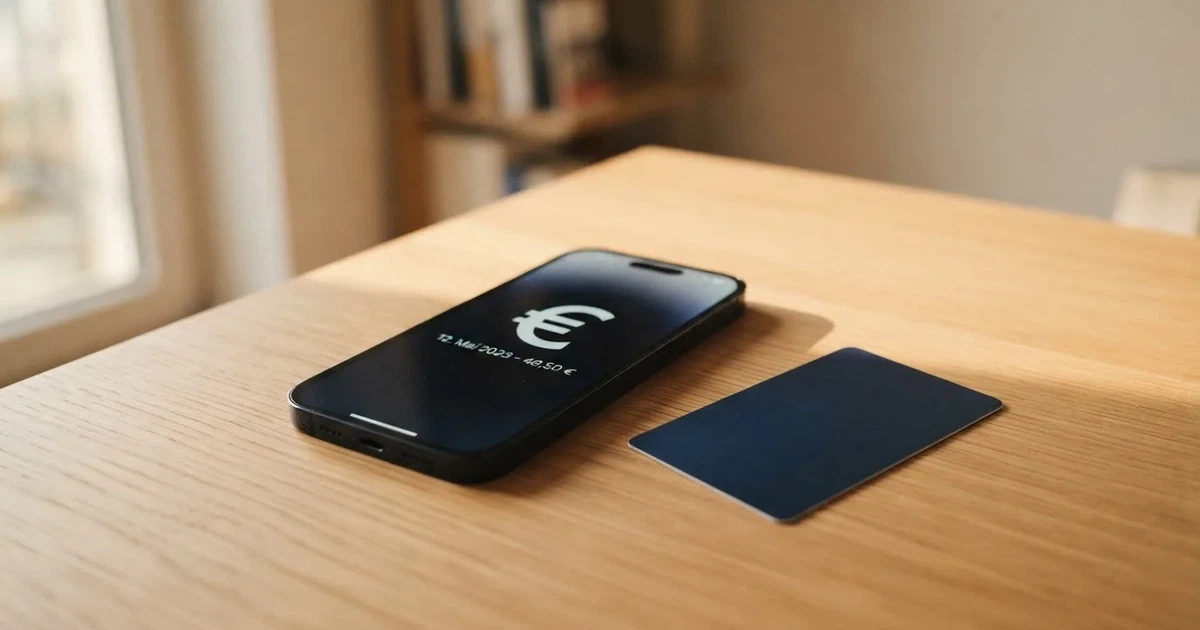 Schreibtisch mit einem Smartphone, auf dessen Bildschirm eine Kontobewegung mit Datum und Betrag in Euro angezeigt wird, daneben eine Bankkarte.