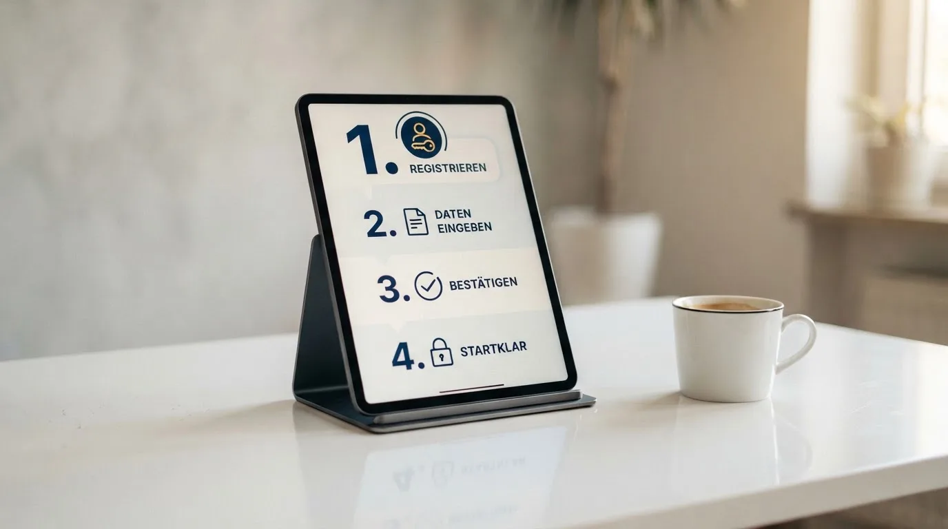 Schreibtisch mit einem Tablet, auf dem ein Schema mit nummerierten Schritten eines Anmeldevorgangs zu sehen ist, daneben ein Kaffeebecher.