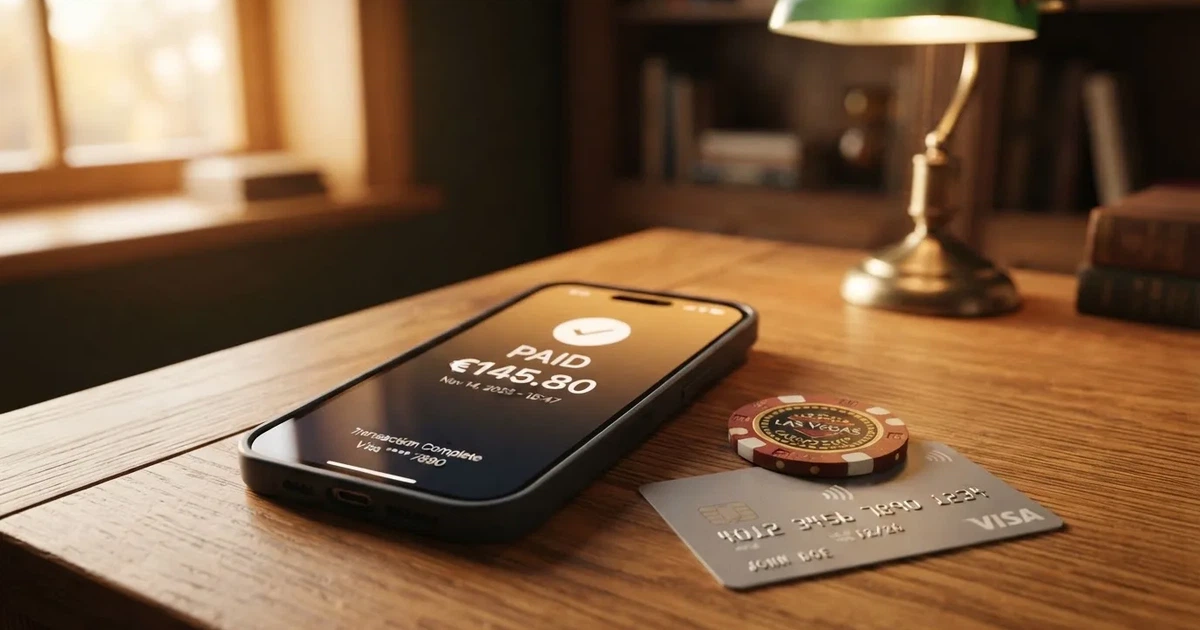 Schreibtisch mit einem Smartphone, auf dessen Bildschirm eine Kontobewegung mit Datum und Betrag in Euro angezeigt wird, daneben eine Bankkarte.