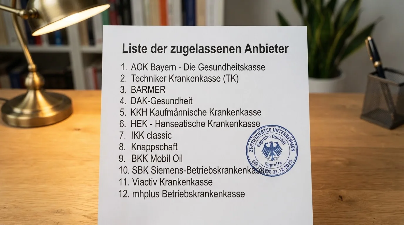 Nahaufnahme einer gedruckten Liste zugelassener Anbieter neben einem amtlichen Prüfsiegel.