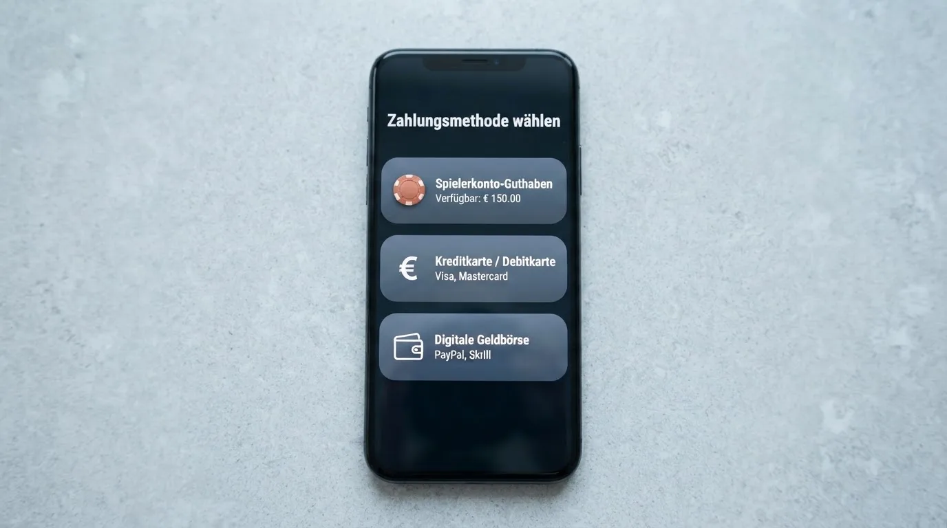 Bildschirm einer Kassenseite mit Auswahlfeldern für verschiedene Zahlungsmethoden in einem Online-Casino.