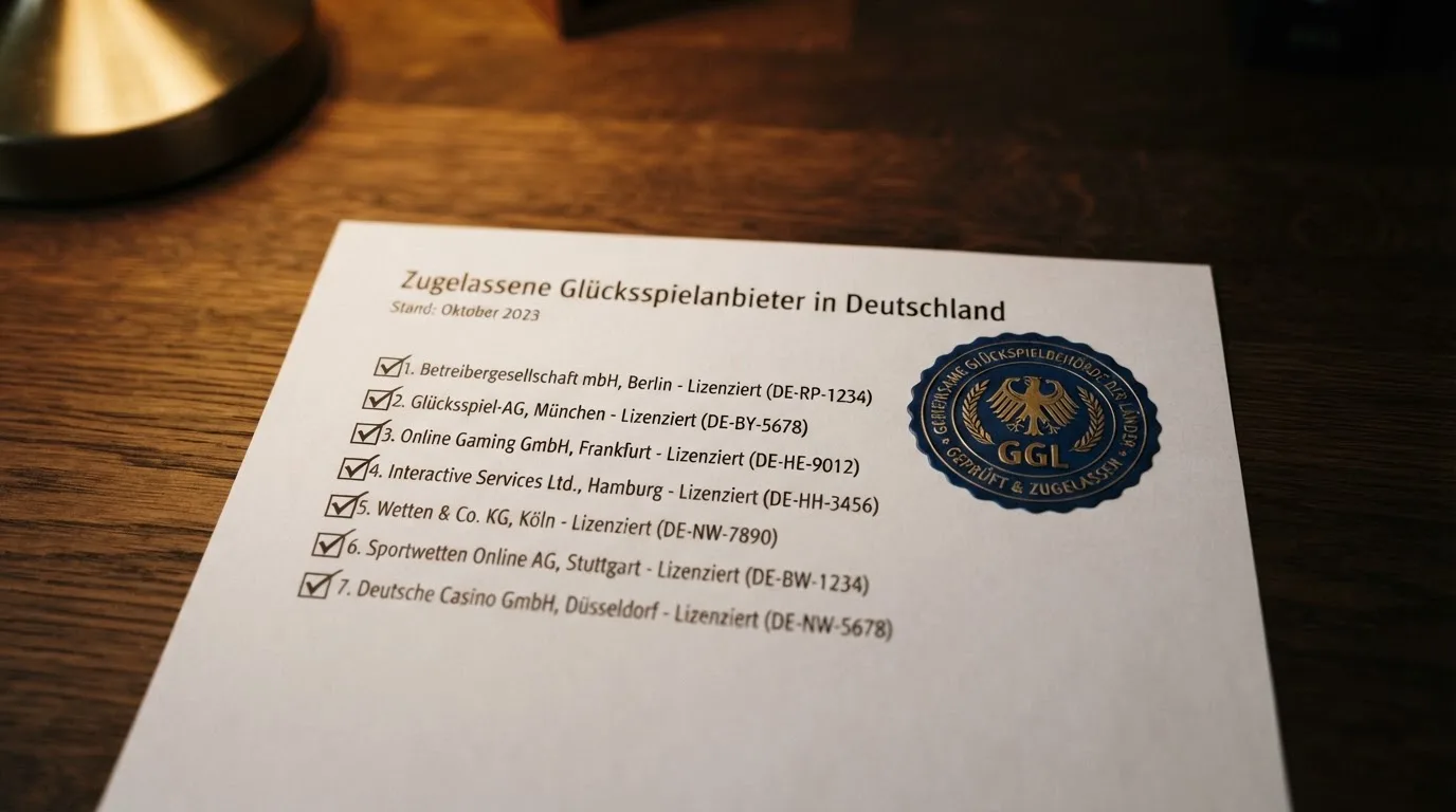 Nahaufnahme einer gedruckten Liste zugelassener Glücksspielanbieter neben einem amtlichen Prüfsiegel.