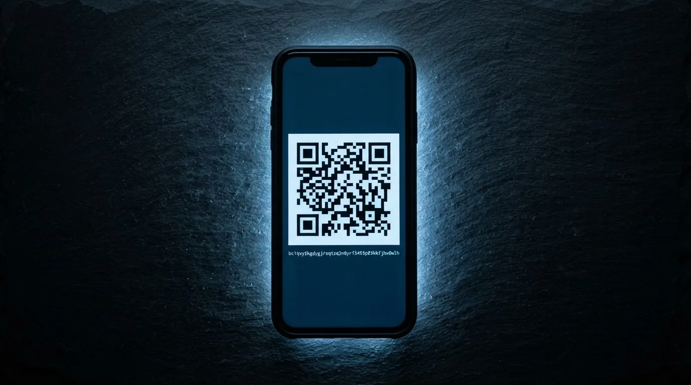 Nahaufnahme eines Smartphone-Bildschirms mit einer digitalen Wallet-Adresse und einem QR-Code.