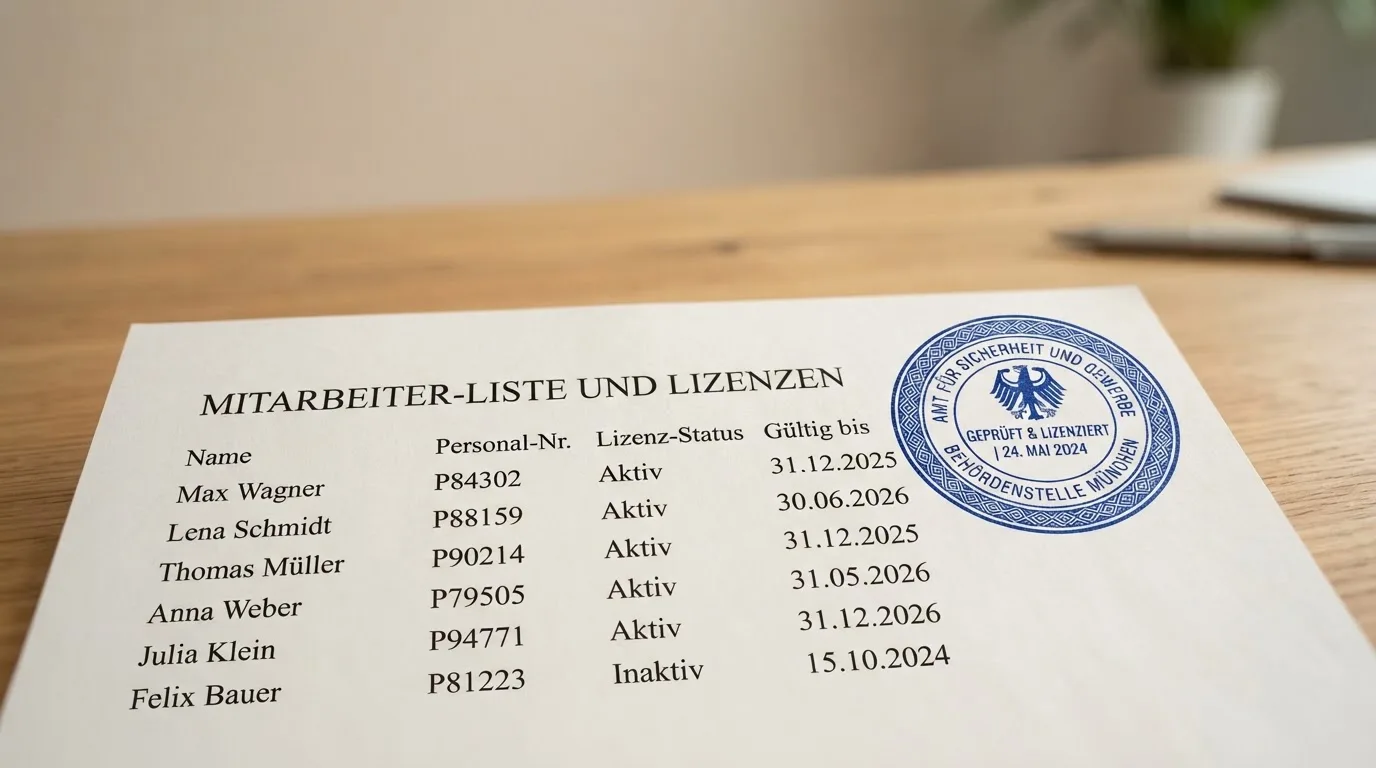 Nahaufnahme einer gedruckten Anbieterliste neben einem amtlichen Prüfsiegel.