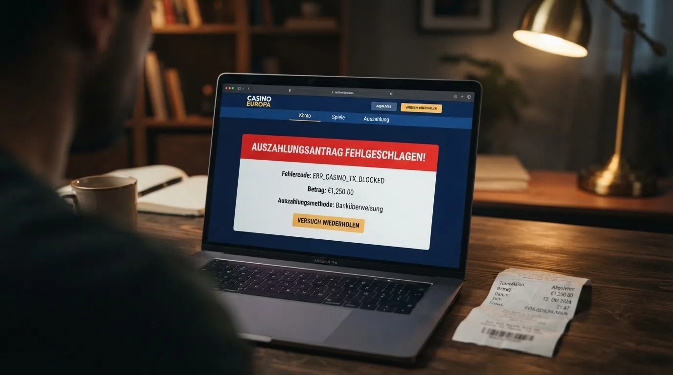 Nahaufnahme eines Bildschirms mit einer Fehlermeldung neben einem Auszahlungsformular.