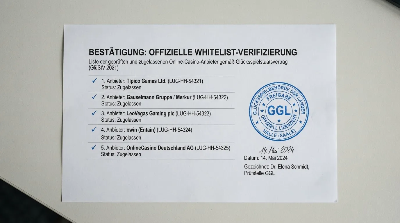 Nahaufnahme einer gedruckten Anbieterliste neben einem amtlichen Prüfsiegel.