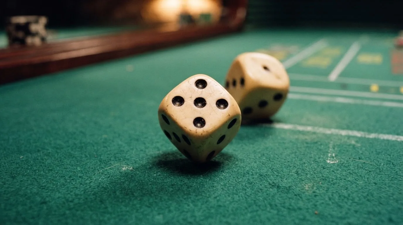 Nahaufnahme zweier rollender Würfel auf einem grünen Spieltisch.