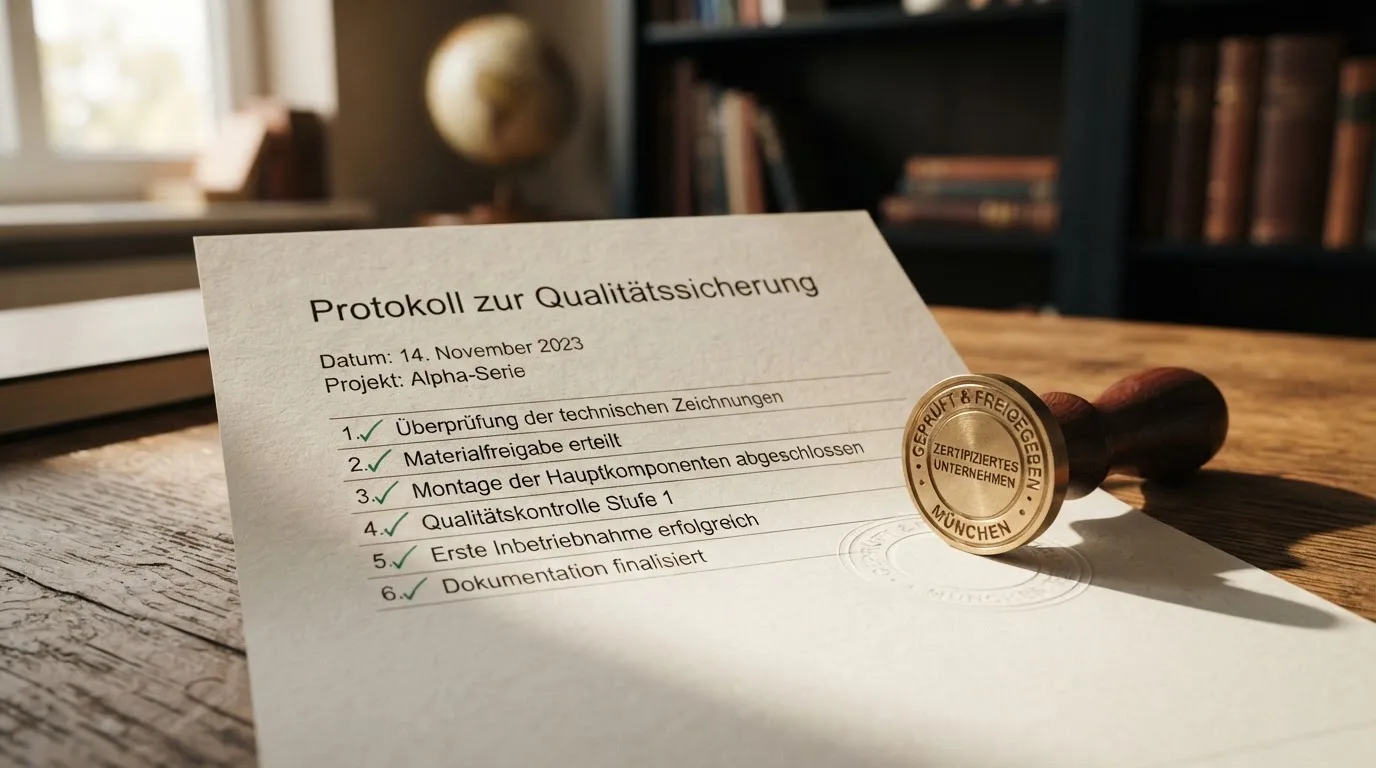 Nahaufnahme einer gedruckten Anbieterliste neben einem amtlichen Prüfsiegel.