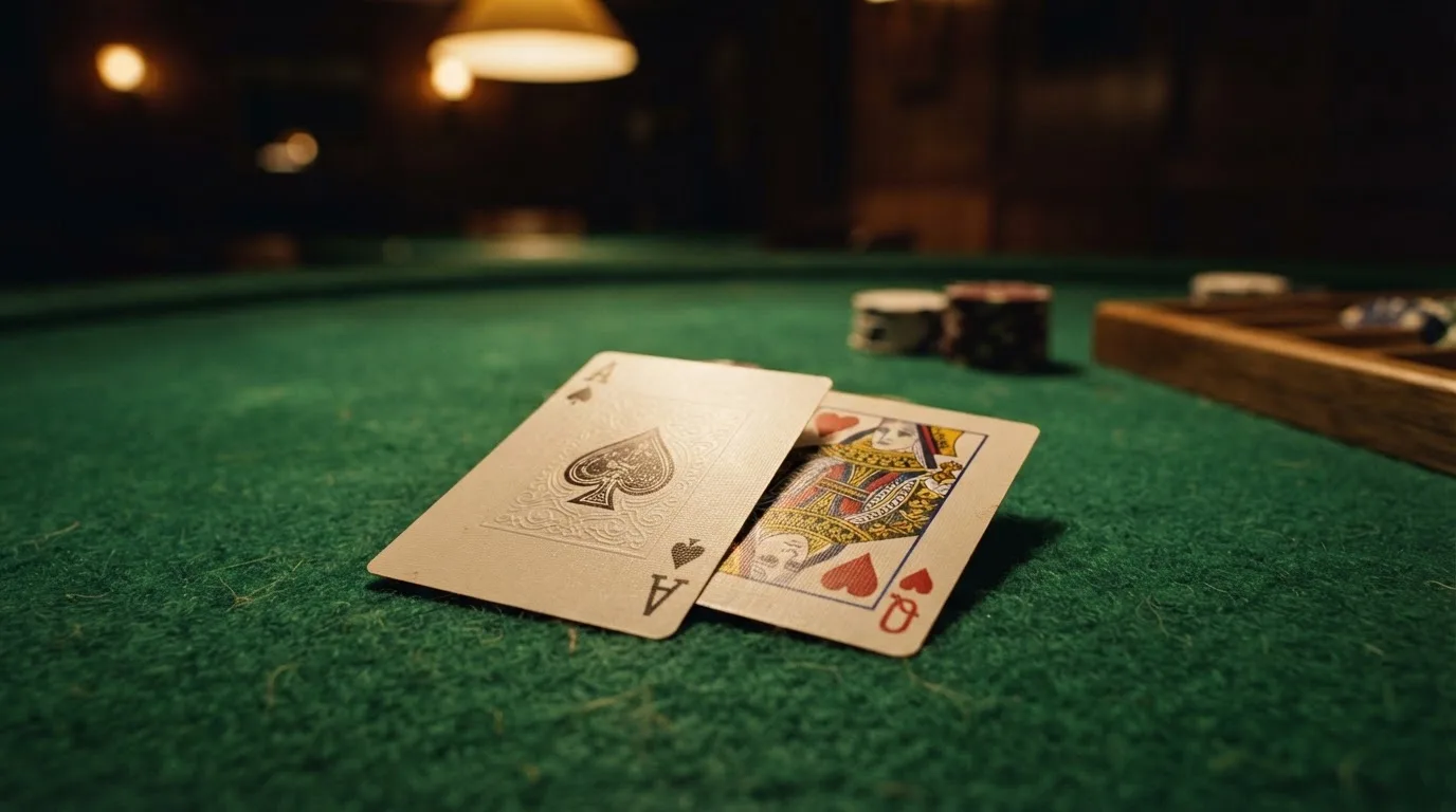 Nahaufnahme zweier aufgedeckter Spielkarten neben einem grünen Kartentisch.