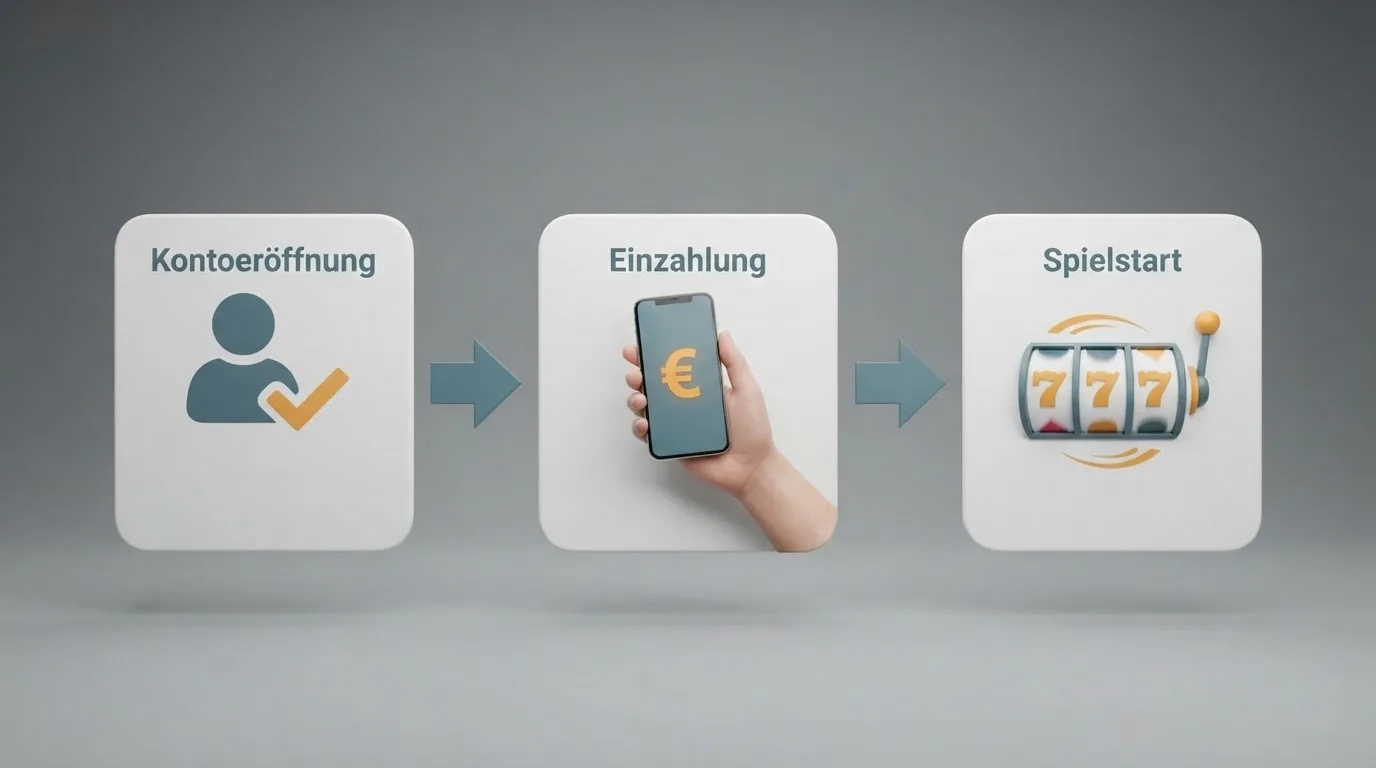 Schematische Illustration eines Ablaufdiagramms mit Pfeilen zwischen Kontoeröffnung, Einzahlung und Spielstart.