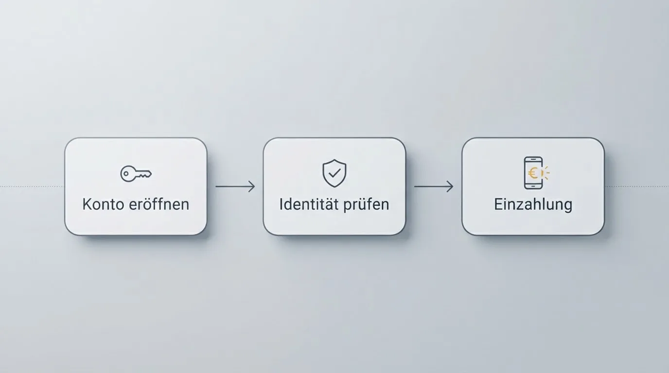 Schematische Darstellung eines Ablaufs von Kontoeröffnung über Identitätsprüfung bis zur ersten Einzahlung als einfaches Liniendiagramm.