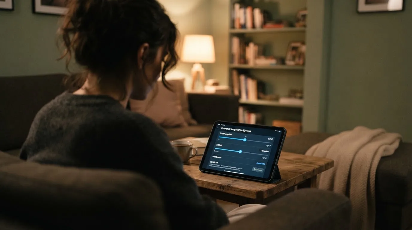 Person betrachtet nachdenklich eine App mit Einstellungsmenü auf einem Tablet in einem ruhigen Wohnzimmer.