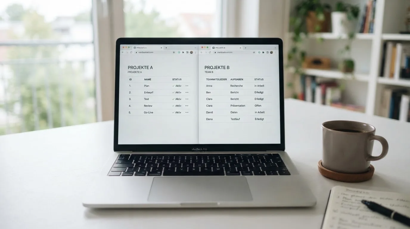 Zwei nebeneinander geöffnete Browser-Tabs auf einem Laptop-Bildschirm.