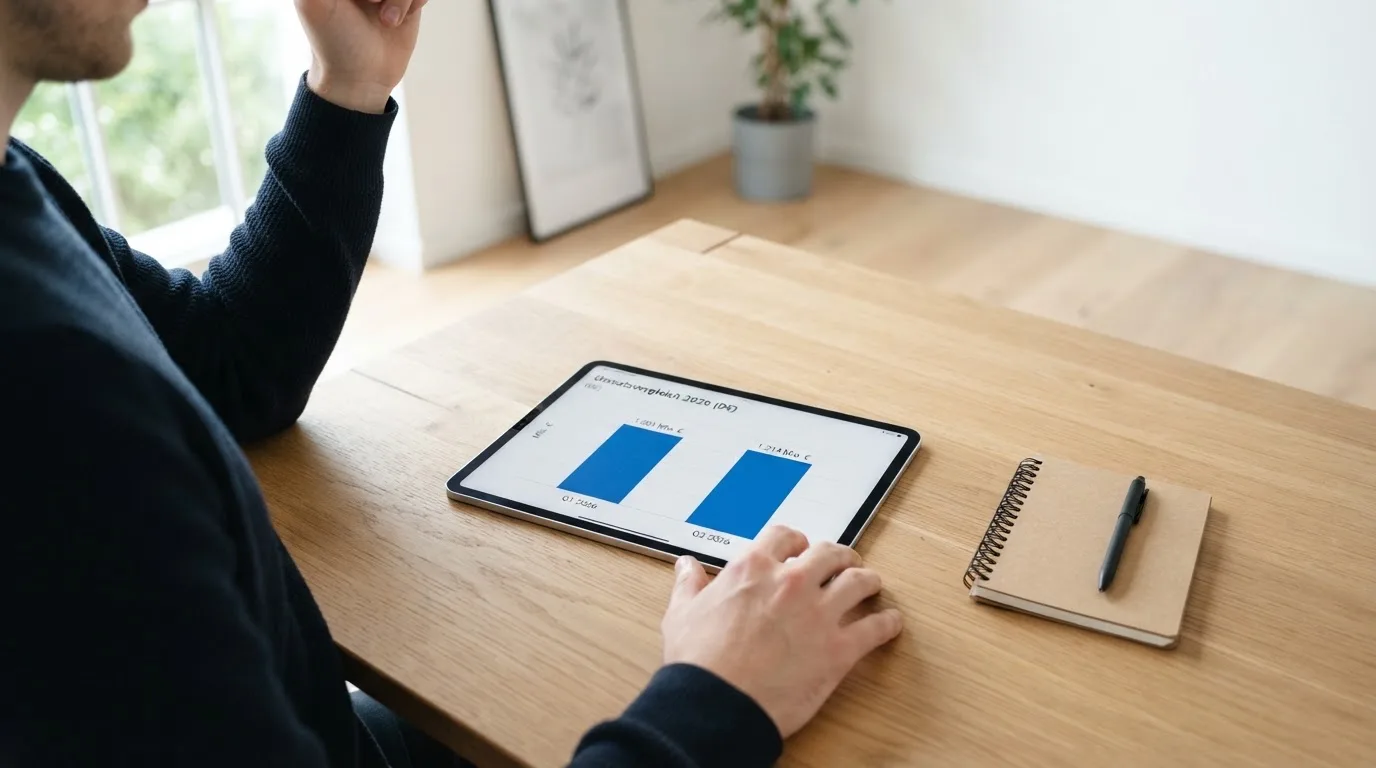 Person betrachtet ruhig ein Balkendiagramm auf einem Tablet in einem hellen Raum.