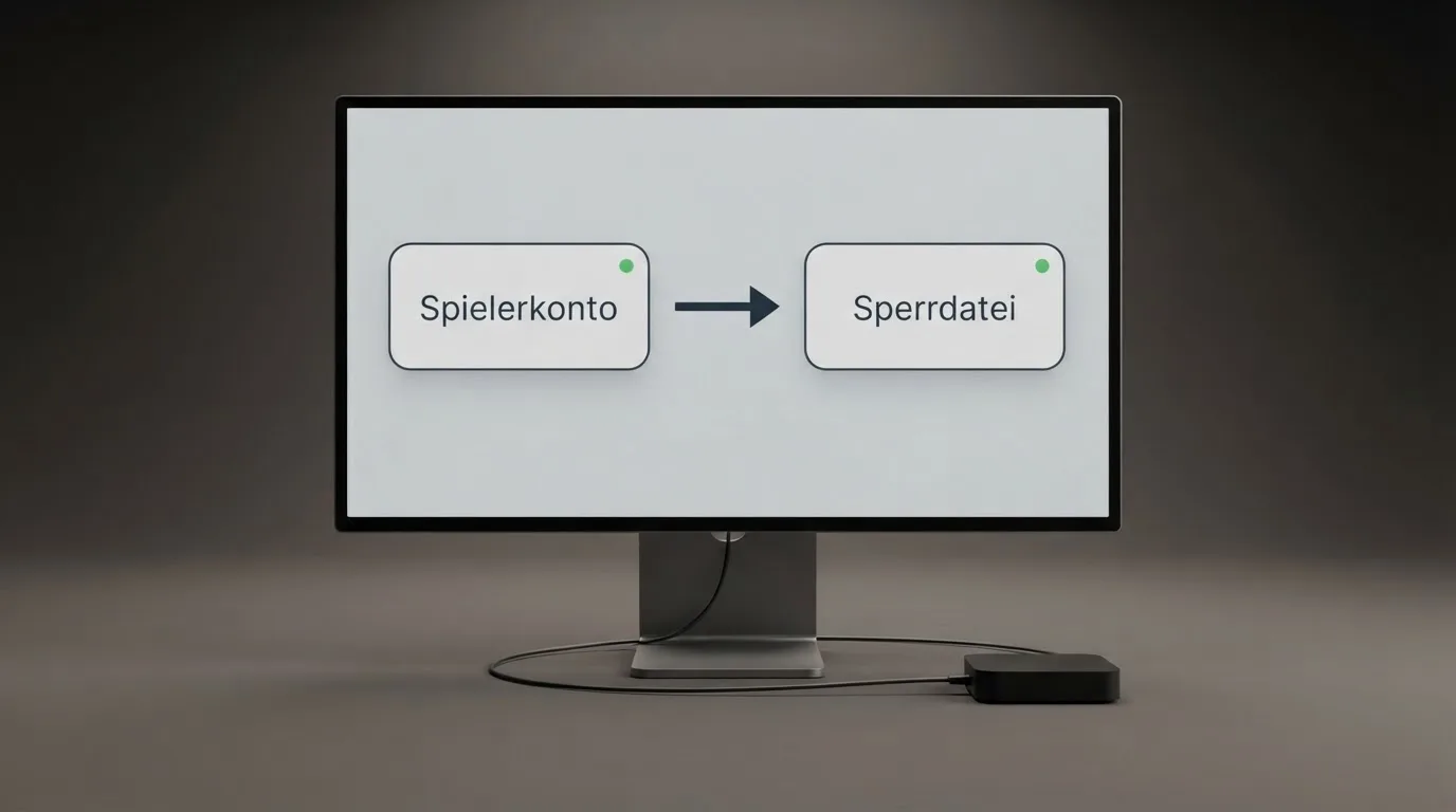 Schema eines Datenabgleichs zwischen einem Spielerkonto und einer zentralen Sperrdatei auf einem Monitor.