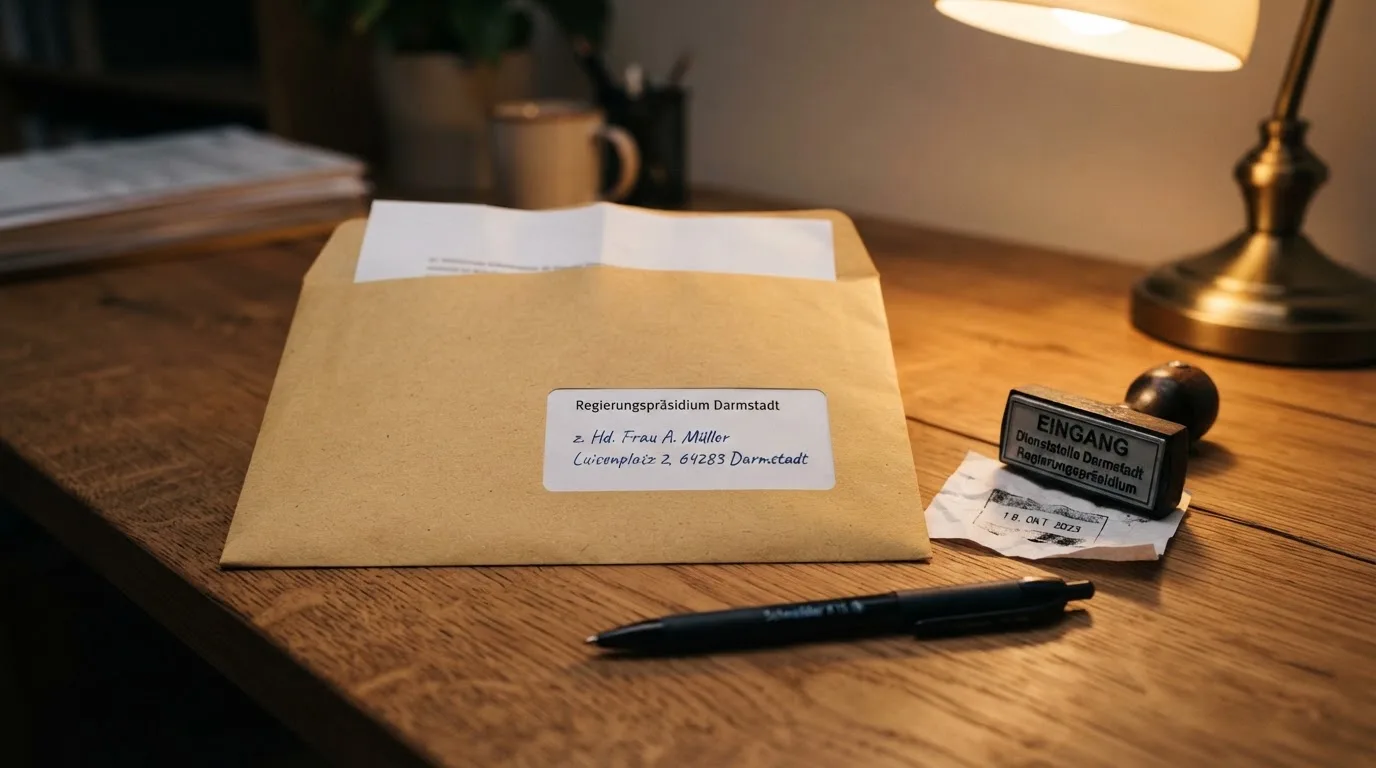 Briefumschlag mit Adressaufkleber auf einem Schreibtisch neben einem Aktenstempel.