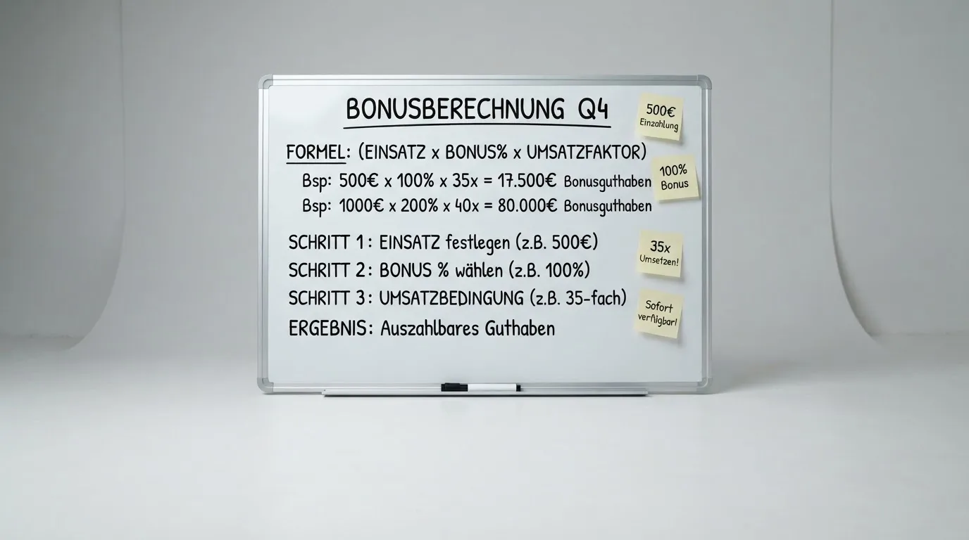 Rechenformel mit Prozentzahlen auf einem Whiteboard, umgeben von Notizzetteln.