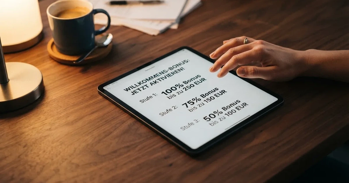 Aufgeschlagene Bonusbedingungen mit Prozentangaben auf einem Tablet-Bildschirm.