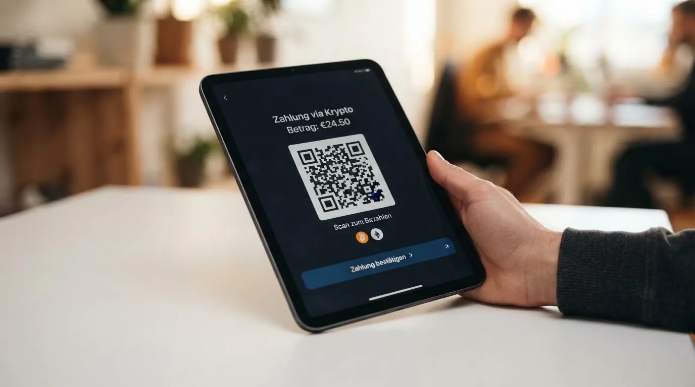 Nahaufnahme einer Hand, die auf einem Tablet einen QR-Code für eine Kryptowährungs-Einzahlung scannt.