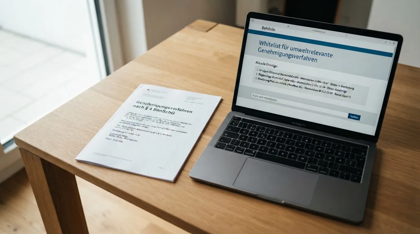 Nahaufnahme eines Gesetzestextes neben einem Laptop mit einer Behördenwebsite auf dem Bildschirm.