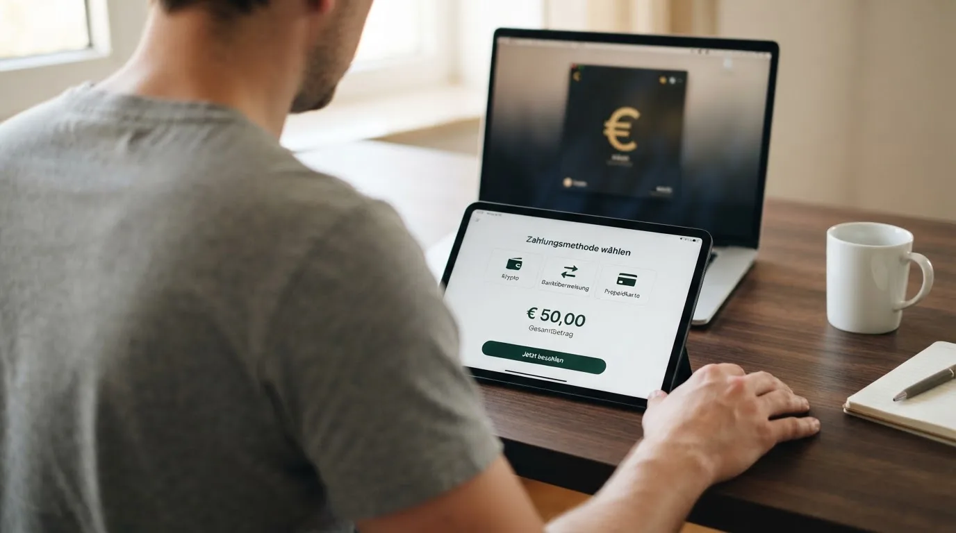 Person zeigt auf einem Tablet eine Liste von Zahlungsmethoden, während im Hintergrund ein Laptop mit einer Wallet-App steht.