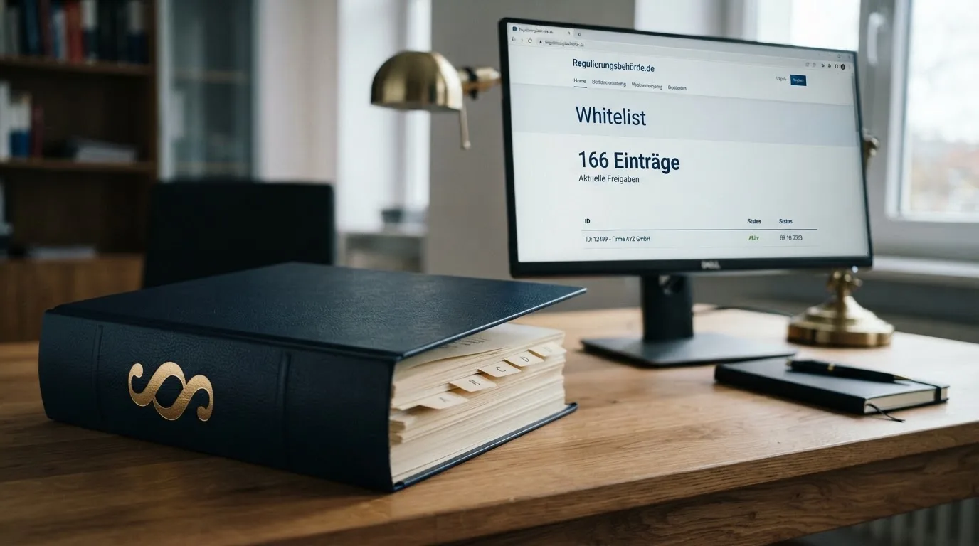 Nahaufnahme eines Aktenordners mit Paragraphenzeichen neben einem Computerbildschirm mit einer Behördenseite.