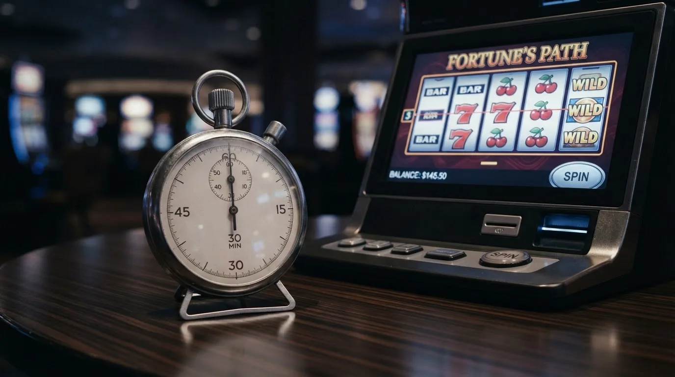 Symbolbild einer Stoppuhr neben einem Spielautomaten-Bildschirm, das ein Zeitintervall andeutet.